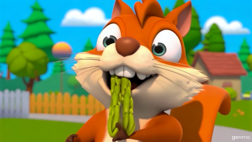 In a Hanna-Barbera style cartoon scene, a playful squirrel with exaggerated features joyfully chomps down on asparagus, showcasing its wide-open mouth in a moment of delight. The character is framed in a close-up shot with bold outlines and simplified shapes. Set in a whimsical world reminiscent of modern animated films, this depiction captures the essence of backyard playfulness, presented in a crisp HD resolution that