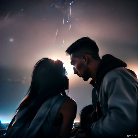 at night with moonlight, Bottom-up view from the ground, capturing a back view of a man with Skin fade Buzz cut black hair and a woman with Long wavy Black Hair sitting down next to each other looking at stars in the sky with sky and stars in the background