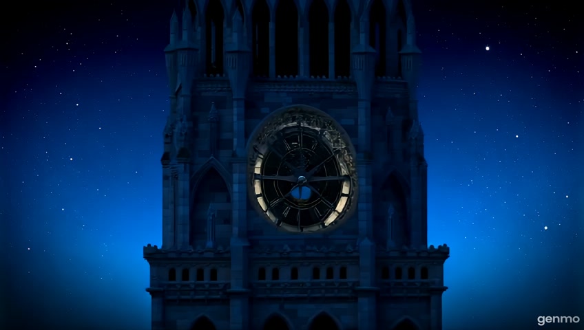 A close-up shot of a clock tower as its hands strike midnight, gears turning inside. The camera focuses on the mechanical intricacy and passage of time.