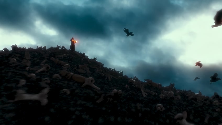 DEEP FIELD AIR TO GROUD SHOT 4K VIEW OF A RED BREADED VIKING BREATH FIRE  INTO SKY  AT GROUND LEVEAL TO SWEEPING AROUND ARMY FALL WOLFS AND HILL OF BONES DRANGONS