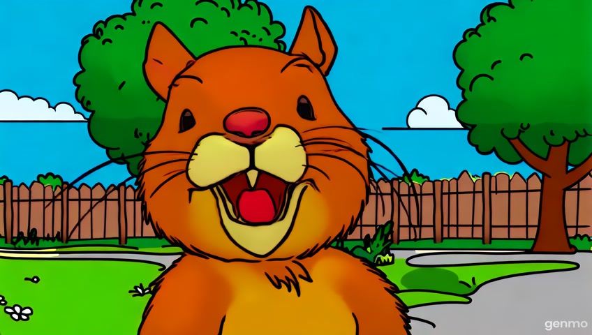 In a Hanna-Barbera style cartoon scene, a playful squirrel with exaggerated features joyfully chomps down on asparagus, showcasing its wide-open mouth in a moment of delight. The character is framed in a close-up shot with bold outlines and simplified shapes. Set in a whimsical world reminiscent of modern animated films, this depiction captures the essence of backyard playfulness, presented in a crisp HD resolution that