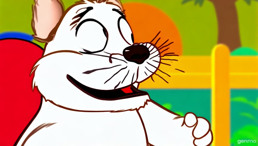 In a Hanna-Barbera style cartoon scene, a playful squirrel with exaggerated features joyfully chomps down on asparagus, showcasing its wide-open mouth in a moment of delight. The character is framed in a close-up shot with bold outlines and simplified shapes. Set in a whimsical world reminiscent of modern animated films, this depiction captures the essence of backyard playfulness, presented in a crisp HD resolution thatc