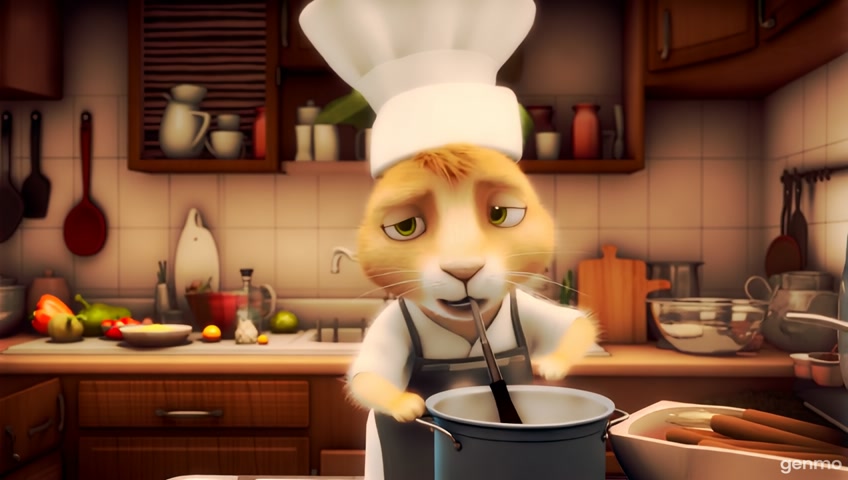 "A rabbit dressed in human clothes is cooking in a kitchen like a professional chef. The rabbit is wearing a chef's hat and an apron while stirring a pot on the stove. The cozy kitchen is filled with various cooking utensils and ingredients, creating a warm and inviting atmosphere. The rabbit appears focused and skilled, as if preparing a delicious meal."