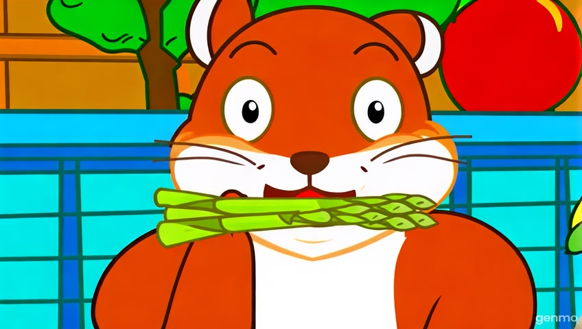 In a Hanna-Barbera style cartoon scene, a playful squirrel with exaggerated features joyfully chomps down on asparagus, showcasing its wide-open mouth in a moment of delight. The character is framed in a close-up shot with bold outlines and simplified shapes. Set in a whimsical world reminiscent of modern animated films, this depiction captures the essence of backyard playfulness, presented in a crisp HD resolution