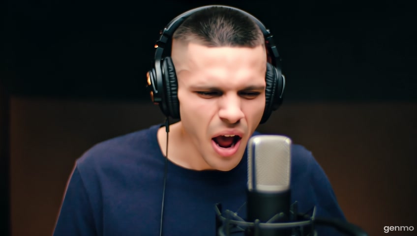 At Night, inside the Music Studio an emotional Singing white man with Skin fade Buzz cut black hair in dark blue long sleeve round neck t-shirt wearing headphones facing the camera standing in front of microphone singing with emotional inside the music recording studio with his hand on his ear