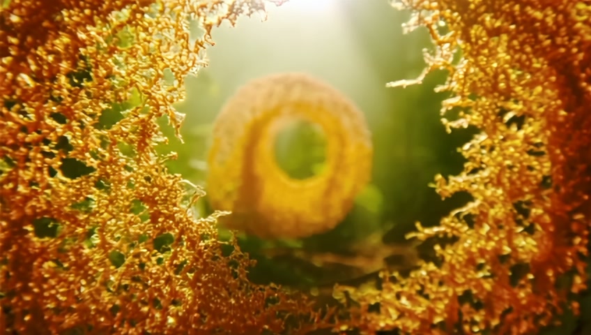 Spore Storm: Slow-motion golden mushroom spores swirling gracefully in an endless spiral illuminated by sunbeams filtering through dense foliage.