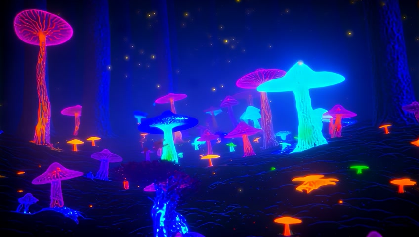 A surreal, psychedelic journey through a glowing forest of bioluminescent mushrooms. The scene is filled with vibrant, pulsating fungi of all shapes and sizes, emitting radiant neon colors—electric blues, deep purples, and luminous oranges. Mystical spores float through the air like tiny fireflies, creating a dreamlike atmosphere. The perspective shifts as the viewer glides through towering mushroom stalks, revealing hidden microcosms of surreal, otherworldly landscapes. The ground shimmers with iridescent patterns, and liquid light flows between the roots. Strange, alien creatures move gracefully in the background, blending with the pulsating energy of the scene. The visuals morph and shift in sync with the hypnotic meditative music, creating an immersive and transcendent experience. Slow motion, fluid transitions, and a sense of deep cosmic connection.