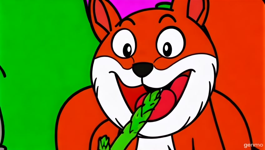 In a Hanna-Barbera style cartoon scene, a playful squirrel with exaggerated features joyfully chomps down on asparagus, showcasing its wide-open mouth in a moment of delight. The character is framed in a close-up shot with bold outlines and simplified shapes. Set in a whimsical world reminiscent of modern animated films, this depiction captures the essence of backyard playfulness, presented in a crisp HD resolution