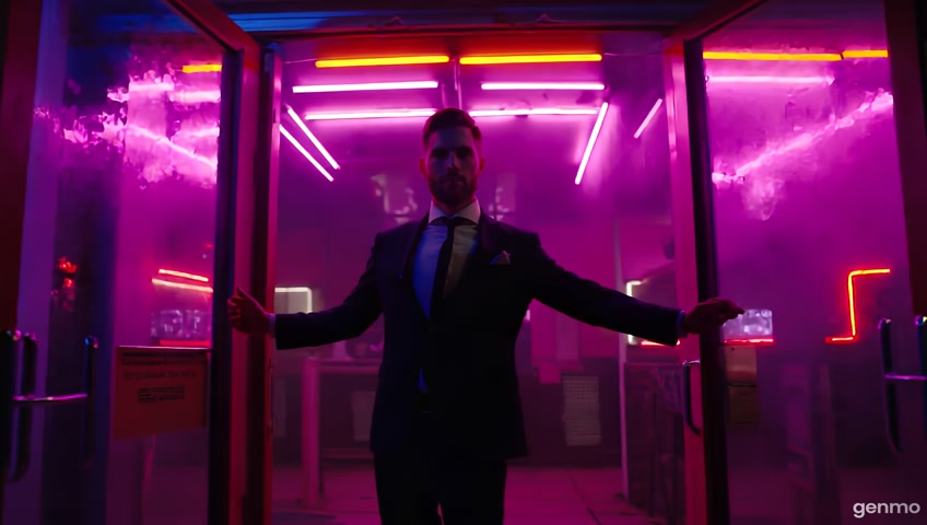at the entrance to a music club a door watcher invites the viewer to enter the music club.   photo-realistic shot. no time-lapse, normal time view
