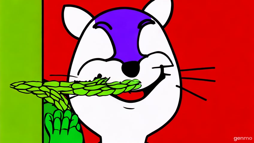 In a Hanna-Barbera style cartoon scene, a playful squirrel with exaggerated features joyfully chomps down on asparagus, showcasing its wide-open mouth in a moment of delight. The character is framed in a close-up shot with bold outlines and simplified shapes. Set in a whimsical world reminiscent of modern animated films, this depiction captures the essence of backyard playfulness, presented in a crisp HD resolution