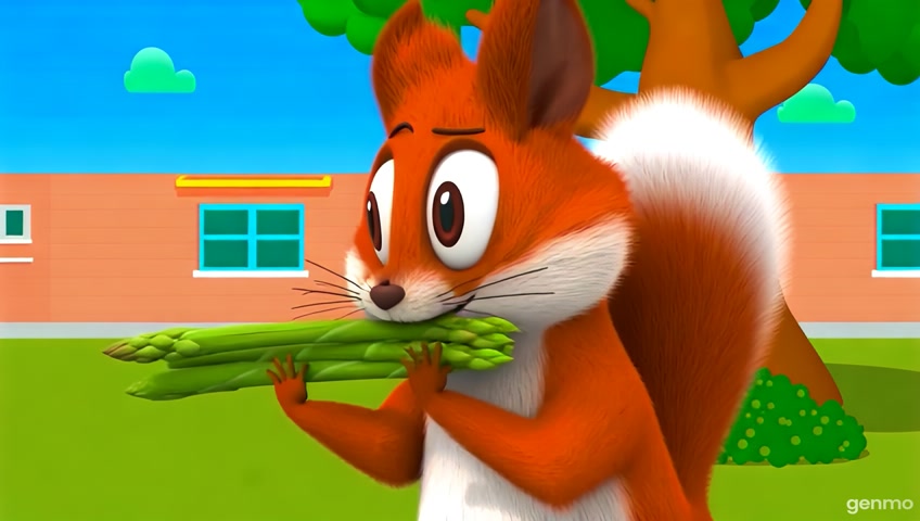 In a Hanna-Barbera style cartoon scene, a playful squirrel with exaggerated features joyfully chomps down on asparagus, showcasing its wide-open mouth in a moment of delight. The character is framed in a close-up shot with bold outlines and simplified shapes. Set in a whimsical world reminiscent of modern animated films, this depiction captures the essence of backyard playfulness, presented in a crisp HD resolution