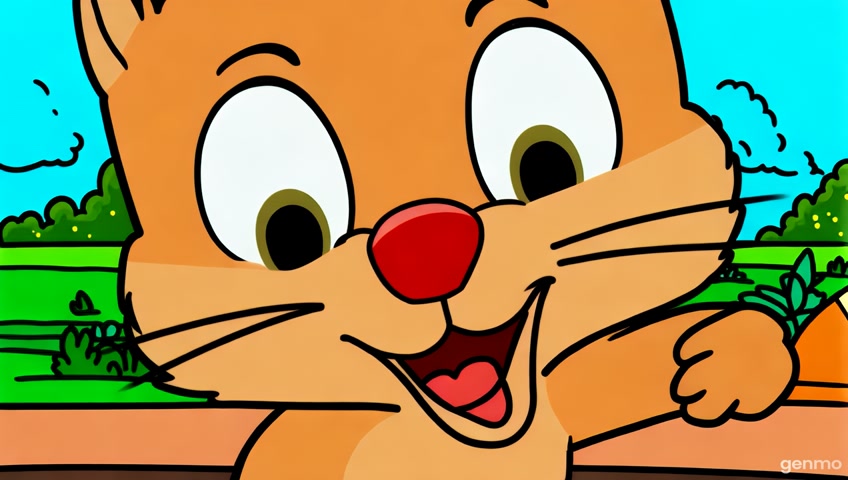 In a Hanna-Barbera style cartoon scene, a playful squirrel with exaggerated features joyfully chomps down on asparagus, showcasing its wide-open mouth in a moment of delight. The character is framed in a close-up shot with bold outlines and simplified shapes. Set in a whimsical world reminiscent of modern animated films, this depiction captures the essence of backyard playfulness, presented in a crisp HD resolution