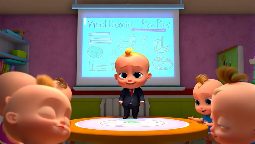 3d cartoon style cute Baby boss confidently addresses a team of babies in suits at a round table. A projector displays "World Domination Plan!" with colorful charts and doodles.
