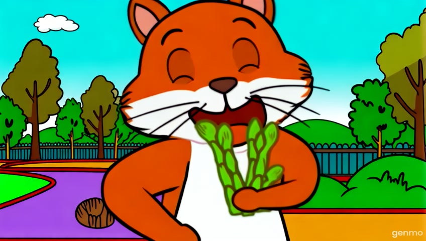 In a Hanna-Barbera style cartoon scene, a playful squirrel with exaggerated features joyfully chomps down on asparagus, showcasing its wide-open mouth in a moment of delight. The character is framed in a close-up shot with bold outlines and simplified shapes. Set in a whimsical world reminiscent of modern animated films, this depiction captures the essence of backyard playfulness, presented in a crisp HD resolution