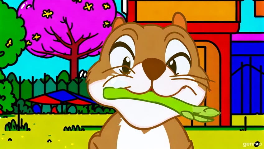 In a Hanna-Barbera style cartoon scene, a playful squirrel with exaggerated features joyfully chomps down on asparagus, showcasing its wide-open mouth in a moment of delight. The character is framed in a close-up shot with bold outlines and simplified shapes. Set in a whimsical world reminiscent of modern animated films, this depiction captures the essence of backyard playfulness, presented in a crisp HD resolution