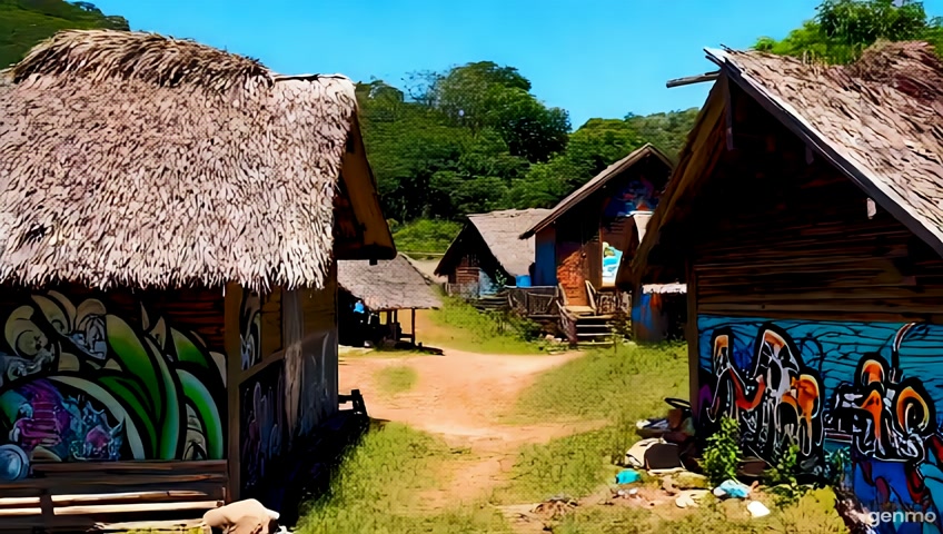 Video cinematográfico de um vilarejo rasta. Mas no vilarejo não tem nenhuma pessoa. Somente o vilarejo com suas artes rastafaris