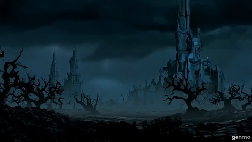 Genera un video estilo cartoon oscuro con una toma épica de un paisaje sombrío, donde un castillo gótico imponente se alza entre la niebla. La escena tiene un tono siniestro, con un cielo cubierto de nubes densas y tormentosas que se iluminan ocasionalmente con relámpagos en la distancia. El castillo, con torres altas y puntiagudas, está rodeado por un terreno rocoso y árido, con árboles secos y torcidos que parecen cobrar vida en la penumbra. La iluminación es tenue, con una luna oculta proyectando sombras alargadas, mientras un viento inquietante levanta polvo y hojas muertas. La animación debe tener una estética cruda y oscura, con detalles metálicos en la arquitectura del castillo y un ambiente de misticismo y peligro.