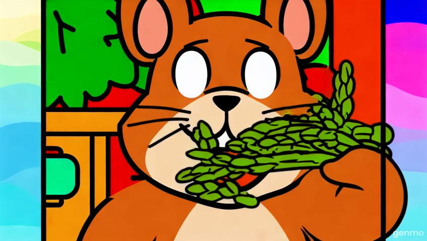 In a Hanna-Barbera style cartoon scene, a playful squirrel with exaggerated features joyfully chomps down on asparagus, showcasing its wide-open mouth in a moment of delight. The character is framed in a close-up shot with bold outlines and simplified shapes. Set in a whimsical world reminiscent of modern animated films, this depiction captures the essence of backyard playfulness, presented in a crisp HD resolution