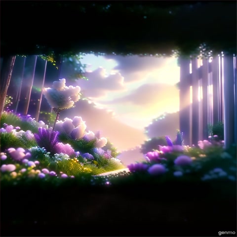 a scene of a forest with flowers and trees
