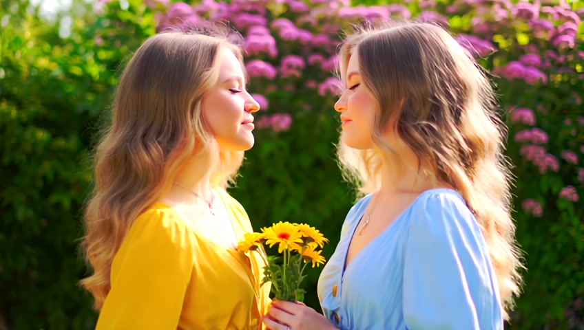two young women twins with flowers in their hands, one of these women is wearing a yellow dress, the other woman is wearing a blue dress, these women are facing each other and smiling