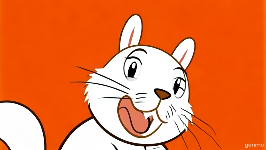 In a Hanna-Barbera style cartoon scene, a playful squirrel with exaggerated features joyfully chomps down on celery, showcasing its wide-open mouth in a moment of delight. The character is framed in a close-up shot with bold outlines and simplified shapes. Set in a whimsical world reminiscent of modern animated films, this depiction captures the essence of backyard playfulness, presented in a crisp HD resolution