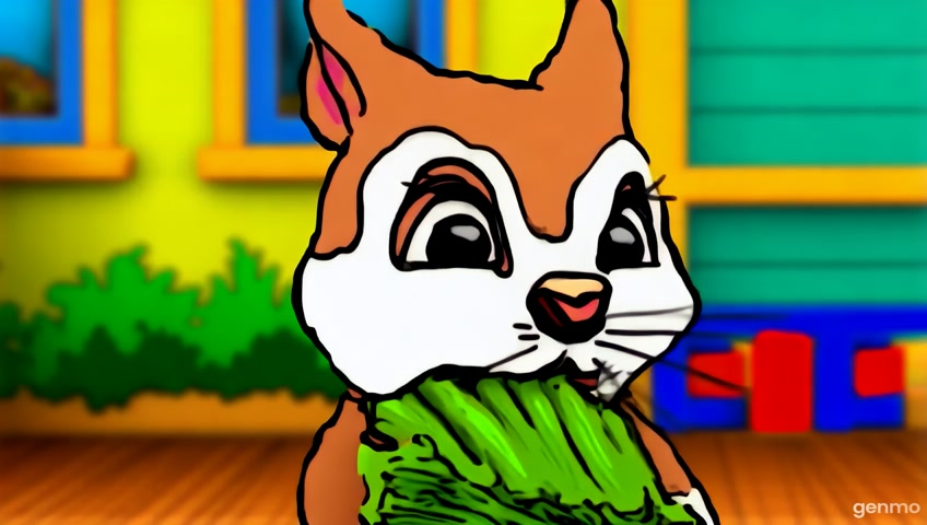 In a Hanna-Barbera style cartoon scene, a playful squirrel with exaggerated features joyfully chomps down on celery, showcasing its wide-open mouth in a moment of delight. The character is framed in a close-up shot with bold outlines and simplified shapes. Set in a whimsical world reminiscent of modern animated films, this depiction captures the essence of backyard playfulness, presented in a crisp HD resolution