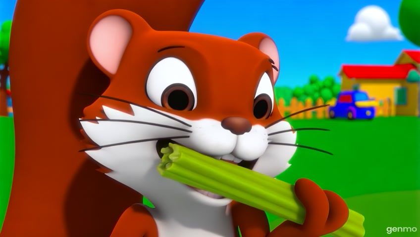 In a Hanna-Barbera style cartoon scene, a playful squirrel with exaggerated features joyfully chomps down on celery, showcasing its wide-open mouth in a moment of delight. The character is framed in a close-up shot with bold outlines and simplified shapes. Set in a whimsical world reminiscent of modern animated films, this depiction captures the essence of backyard playfulness, presented in a crisp HD resolution