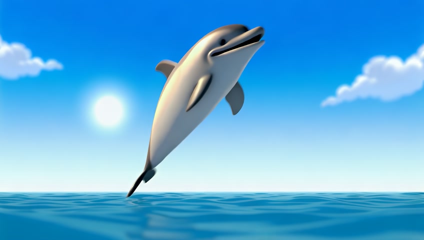 A playful dolphin jumping out of the water, splashing under the warm sun. 🐬🌊☀️

make it in 3d cartoon