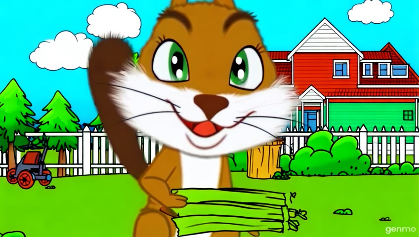 In a Hanna-Barbera style cartoon scene, a playful squirrel with exaggerated features joyfully chomps down on celery, showcasing its wide-open mouth in a moment of delight. The character is framed in a close-up shot with bold outlines and simplified shapes. Set in a whimsical world reminiscent of modern animated films, this depiction captures the essence of backyard playfulness, presented in a crisp HD resolution