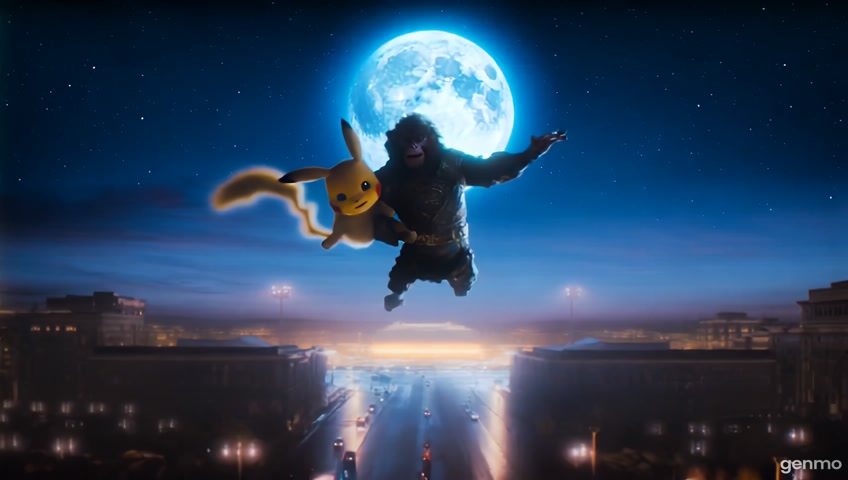 black myth Wukong carry Pikachu fly over the Tiananmen square in a bright night