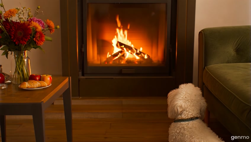 a cozy room with a fireplace, in the room there is a green sofa, a table, on the table there is a vase of flowers, a plate with pastries and apples, a fire is burning in the fireplace, a dog is sitting near the fireplace