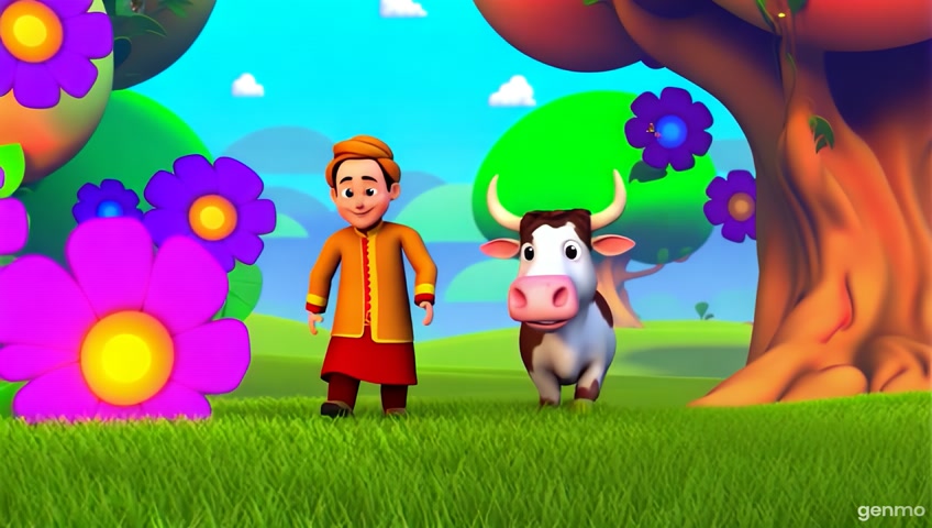 Create 3d animation cartoon style video of A vibrant and magical forest filled with oversized, colorful flowers, glowing fireflies, and cute animals peeking from the trees. cute cartoon style man in old traditional style clothing walks with his chubby cow Nandi, both smiling and exploring the beautiful surroundings. The trees are rounded and cartoonish, making the scene look fun and inviting