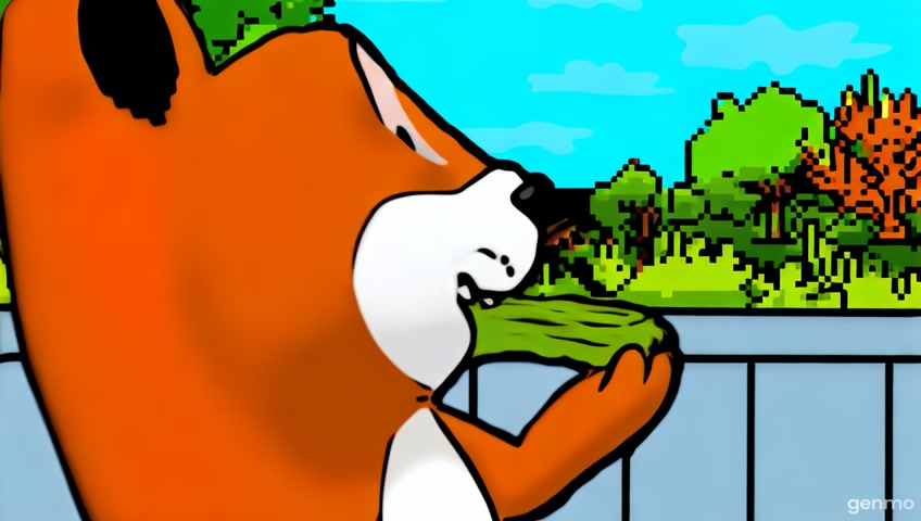 In a Hanna-Barbera style cartoon scene, a playful squirrel with exaggerated features joyfully chomps down on celery, showcasing its wide-open mouth in a moment of delight. The character is framed in a close-up shot with bold outlines and simplified shapes. Set in a whimsical world reminiscent of modern animated films, this depiction captures the essence of backyard playfulness, presented in a crisp HD resolution