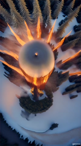 A 360° aerial masterpiece—deep in the wild, a blazing campfire breathes life into the midnight silence. Towering pines whisper secrets to the wind as misty mountains loom in the distance. The drone sweeps in, spinning around the golden glow, capturing flickering embers soaring into the starry abyss. Every frame is pure adventure, raw serenity, and nature’s untamed beauty