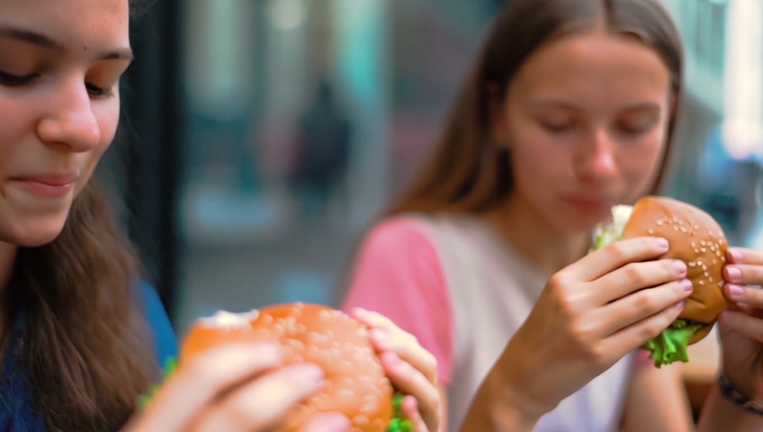 Nine girls are eating burgers