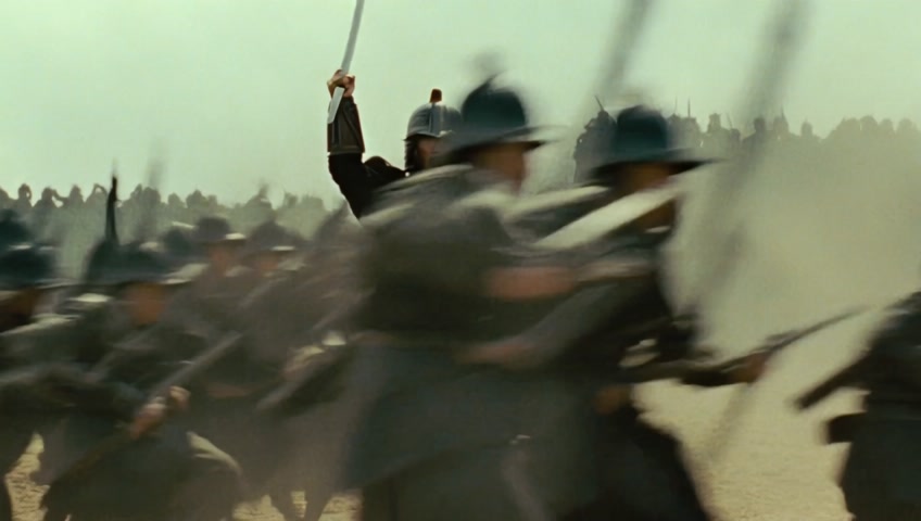 Chinese samurai army of death running full speed into battle cinematic shot of samurai warrior, army swinging swords with  bows in there hands fighting off a hoard of evil samurai