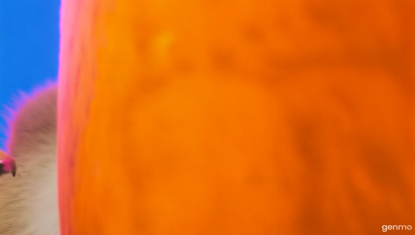 In a lively and colorful cartoon scene, a playful squirrel with exaggerated features joyfully chomps down on a bright orange sweet potato, showcasing its wide-open mouth in a moment of delight. The character is framed in a close-up shot with bold outlines and simplified shapes, emphasizing its animated expression and the vivid colors of its fur and the carrot. As the camera pulls back, it reveals the broader context of a vibrant urban setting, filled with glowing neon lights in electric blues and pinks, reflecting off glossy surfaces and enhancing the retro-futuristic vibe. The high-contrast lighting creates a nightclub ambiance, infusing the scene with energy and excitement. Set in a whimsical world reminiscent of modern animated films, this depiction captures the essence of urban playfulness, presented in a crisp HD resolution that brings the vibrant colors and lively atmosphere to life, inviting viewers into the cheerful antics of the cartoon squirrel