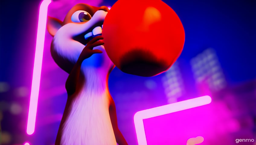 In a lively and colorful cartoon scene, a playful squirrel with exaggerated features joyfully chomps down on a bright red apple, showcasing its wide-open mouth in a moment of delight. The character is framed in a close-up shot with bold outlines and simplified shapes, emphasizing its animated expression and the vivid colors of its fur and the carrot. As the camera pulls back, it reveals the broader context of a vibrant urban setting, filled with glowing neon lights in electric blues and pinks, reflecting off glossy surfaces and enhancing the retro-futuristic vibe. The high-contrast lighting creates a nightclub ambiance, infusing the scene with energy and excitement. Set in a whimsical world reminiscent of modern animated films, this depiction captures the essence of urban playfulness, presented in a crisp HD resolution that brings the vibrant colors and lively atmosphere to life, inviting viewers into the cheerful antics of the cartoon squirrel