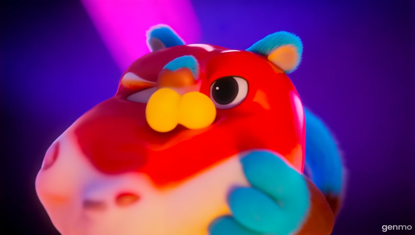 In a lively and colorful cartoon scen e, a playful squirrel with exaggerated features joyfully chomps down on a bright red apple, showcasing its wide-open mouth in a moment of delight. The character is framed in a close-up shot with bold outlines and simplified shapes, emphasizing its animated expression and the vivid colors of its fur and the carrot. As the camera pulls back, it reveals the broader context of a vibrant urban setting, filled with glowing neon lights in electric blues and pinks, reflecting off glossy surfaces and enhancing the retro-futuristic vibe. The high-contrast lighting creates a nightclub ambiance, infusing the scene with energy and excitement. Set in a whimsical world reminiscent of modern animated films, this depiction captures the essence of urban playfulness, presented in a crisp HD resolution that brings the vibrant colors and lively atmosphere to life, inviting viewers into the cheerful antics of the cartoon squirrel