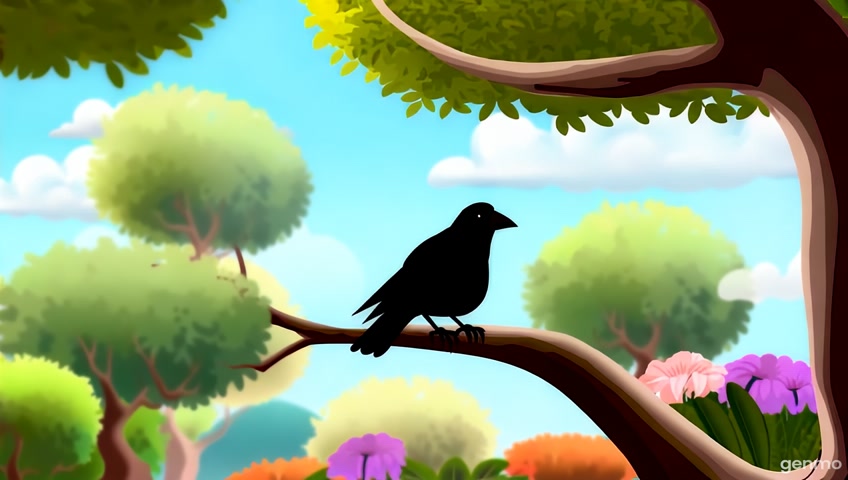 create cartoon style video,   a black crow watches lazily from another branch. The background has trees, flowers, and a soft blue sky.