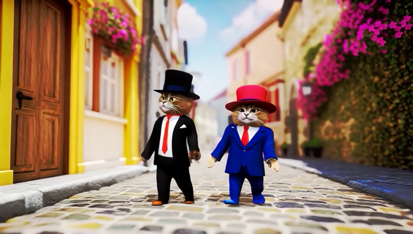cats dressed like people filling the streets.
