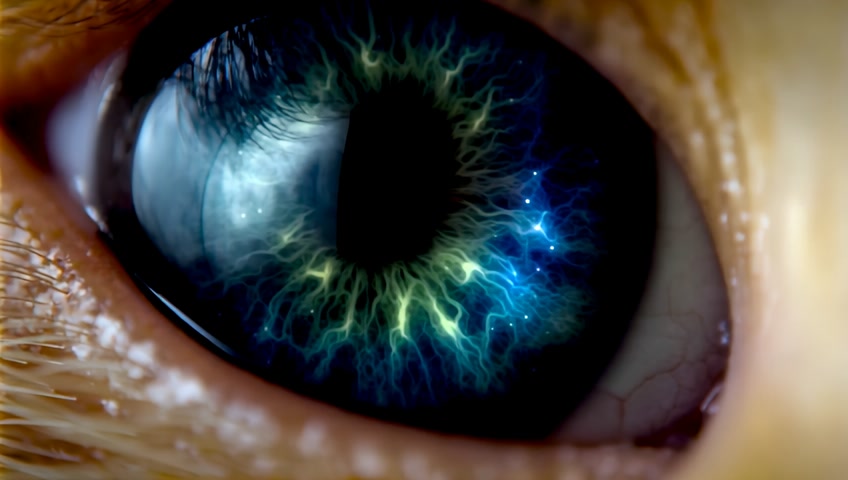 Close-up of a cats eye, with the galaxy reflected in the cats eye. Ultra high resolution 4k.