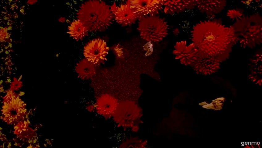 Dancing, almost bird's-eye view of a surreal landscape. A field of deep crimson and orange flowers dominates the foreground, their petals sharply defined against an austere, almost black background. The color palette is intensely saturated, creating a dramatic contrast.

The central figure is a woman, rendered in deep shadow, bathed in a dark light that reveals only the contours of her body. Her posture, though obscured, suggests a pensive, possibly melancholic pose. The chiaroscuro effect dramatically enhances her figure, leaving much room for the imagination.

Behind her, and partially obscured by the flowers, is a man in an elegant dark suit. The backlight silhouettes his figure, but the reflection and multiplication of his form, reminiscent of the work of M.C. Escher, are subtly intertwined in the field of flowers. These multiplying reflections are not perfectly sharp; They retain a slightly blurred, almost ghostly quality, as if dissolving into the flowers. The effect suggests both repetition and the fragmentation of identity.

The artistic style combines elements of Art Brut and Brutalism. The sharp, angular shapes of the flowers, almost geometric in structure, evoke the influence of Brutalism, while the slightly uncontrolled expressiveness of the woman's pose and the imperfect reflections of the man evoke the raw emotionality of Art Brut. However, the precise lines and reflections also pay homage to Escher's mastery of perspective and impossible spaces, and the man's suit evokes the purity and functionality of lines associated with Gropius and the Bauhaus movement.

The subtle film grain and meticulous shading add texture and depth to the scene, giving it a slightly vintage, almost dreamlike feel. The overall effect is both mysterious and seductive, evoking a sense of unease and wonder. The stark contrasts and emotionally charged images invite the viewer to contemplate the relationship between the shadowy woman, the multiplying man, and the vibrant yet unsettling floral landscape.