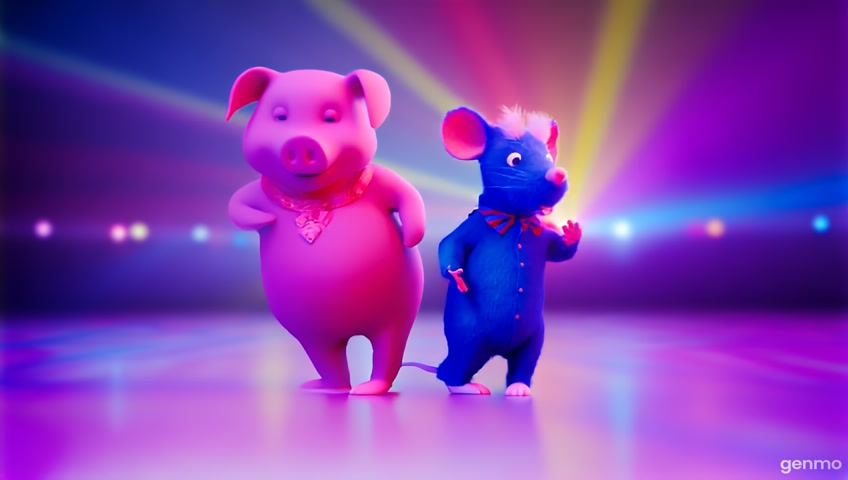 old school disco dance with one pink pigg and a fat blue rat, in a discoteqe, disco lights.