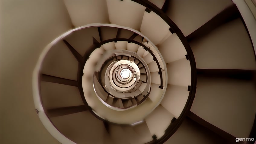 Symmetrical overhead shot of a spiral staircase, with the camera slowly descending from the top. The geometric patterns and shadows create a mesmerizing, abstract composition