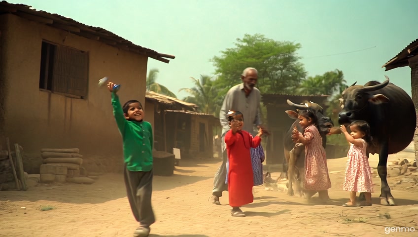 8K wide shot of a dusty village street where five boys, aged 7-10, sit in a circle playing Spinning Top. Each holds a wooden spinning top wrapped with thick thread. The main player, an 8-year-old boy in a green short-sleeved shirt and brown trousers, flicks his wrist, sending his spinning top twirling fast. Another boy, 9 years old, in a red tunic and white trousers, leans forward, carefully lifting his spinning top onto his palm, showing off his skill. Others watch in admiration, gripping their threads tightly. A few girls in small floral dresses stand nearby, giggling. In the background, a tethered buffalo shakes its head, and an old man in a white turban smokes a water pipe under a tree.