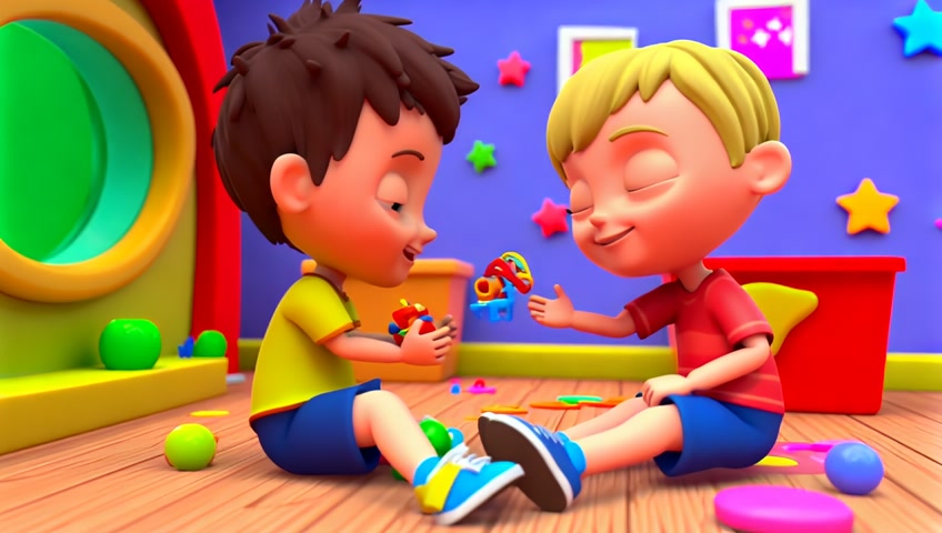 Two kids sitting together, one holding a toy. The child hands it over with a smile . The other child smiles brightly, showing appreciation. The background is a cozy playroom with colorful toys. make it in 3D cartoon