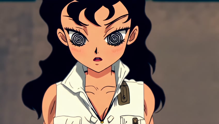 Title: Hypnotic Encounter with a Tomboy Anime Girl

Character Design:

A VERY HOT and ATTRACTIVE anime girl with a tomboyish style, featuring:
90's animation from japan style animation and art directionLong black hair
Tanned skin
Smooth, long black lips
Hypnotic spiral patterns in her eyes
A sleeveless white office shirt that reveals her midriff and stomach, accentuating her cleavage
A pocket watch hanging around her neck, emphasizing her hypnotist character
Animation Style:

Smooth animation showcasing her toned, broad, and muscular shoulders.
The animation should have a nice, fluid movement as she walks towards the viewer.
Scene Description:

As the character walks, she engages the viewer with captivating dialogue, stating "Time to obey" in a sultry tone.
The screen features a mesmerizing, pulsing spiral effect that attempts to put the viewer into a trance.
This spiral hypnotizes the viewer while simultaneously programming their minds to obey.
Visual Elements:

Highlight the shoulder movements as she walks, showcasing the subtle sway and shoulder sweat, enhancing the hypnotic effect.
The atmosphere should evoke a sense of fantasy, encouraging viewers to give in to their desires as she walks closer.
Style Reference:

The animation style will resemble classic 90’s anime, bringing a nostalgic feel to the video.
