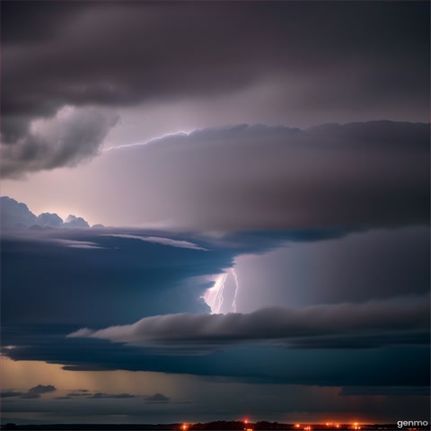 Create a love shaped flickering thunder in the cloud sky with the camera slowly zooming in raining