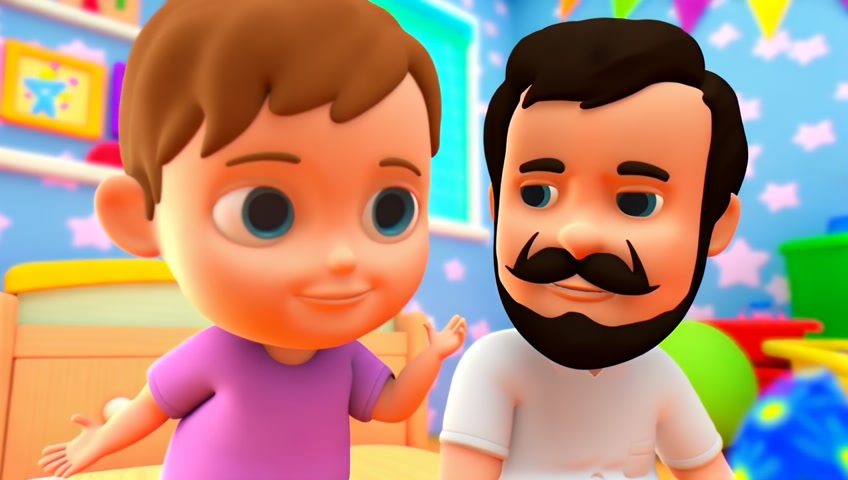 3d cartoon style, close shot A bright, cheerful room. Johny, a cute animated boy with big  eyes with his father with mustach and beaed having an father son moment.